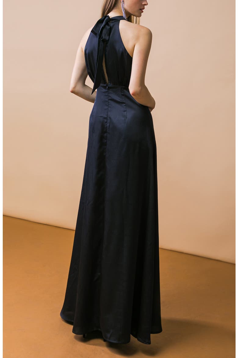 Tie Neck Satin Maxi Dress, Alternate, color, BLACK