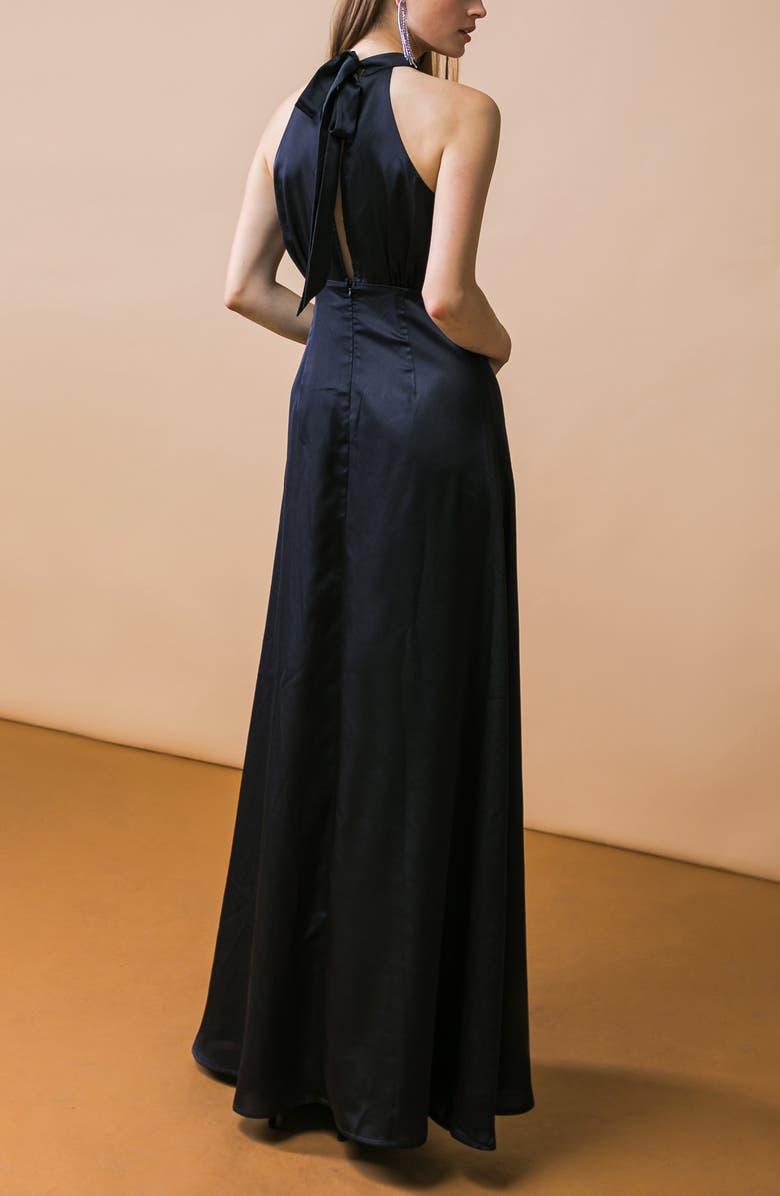 FLYING TOMATO Tie Neck Satin Maxi Dress, Alternate, color, Black