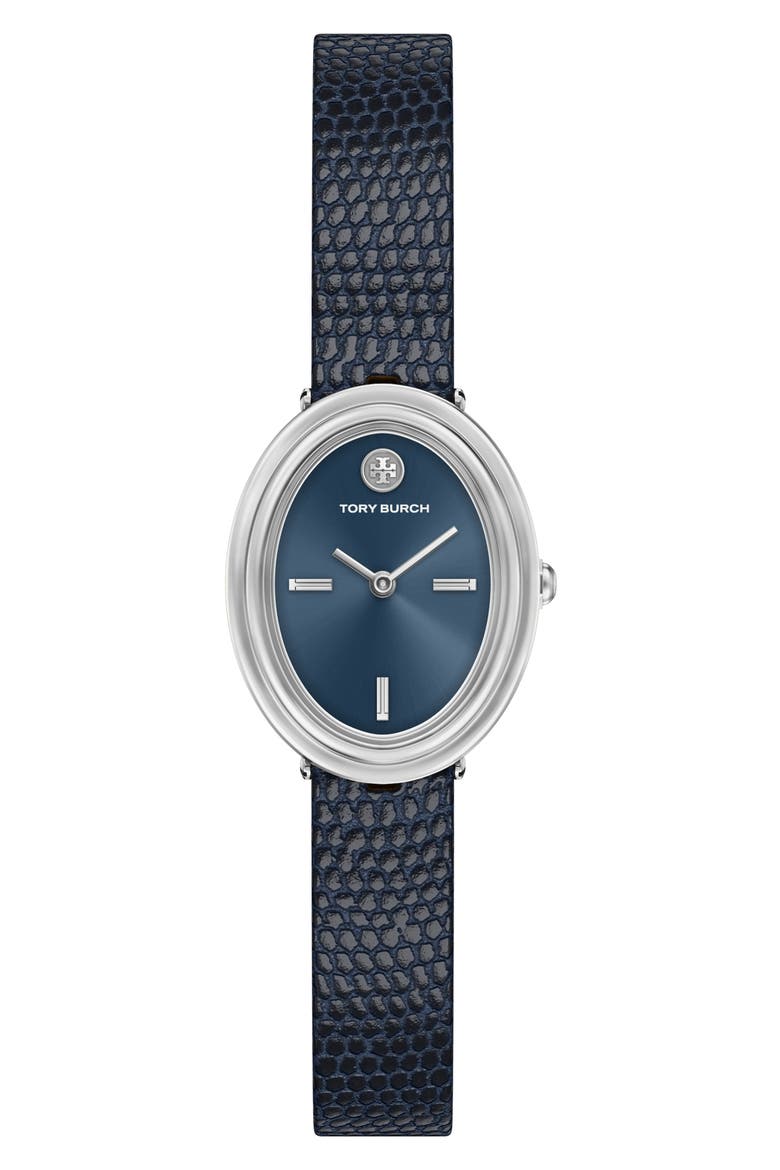 The Oval Leather Strap Watch, 22mm x 28mm, Main, color, BLUE