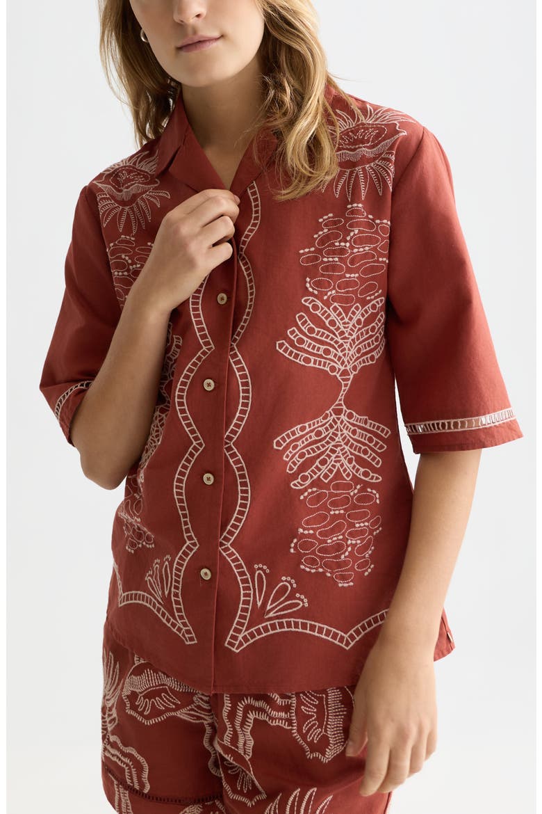 Embroidered Cotton & Linen Button-Up Shirt, Alternate, color, BURNT HENNA