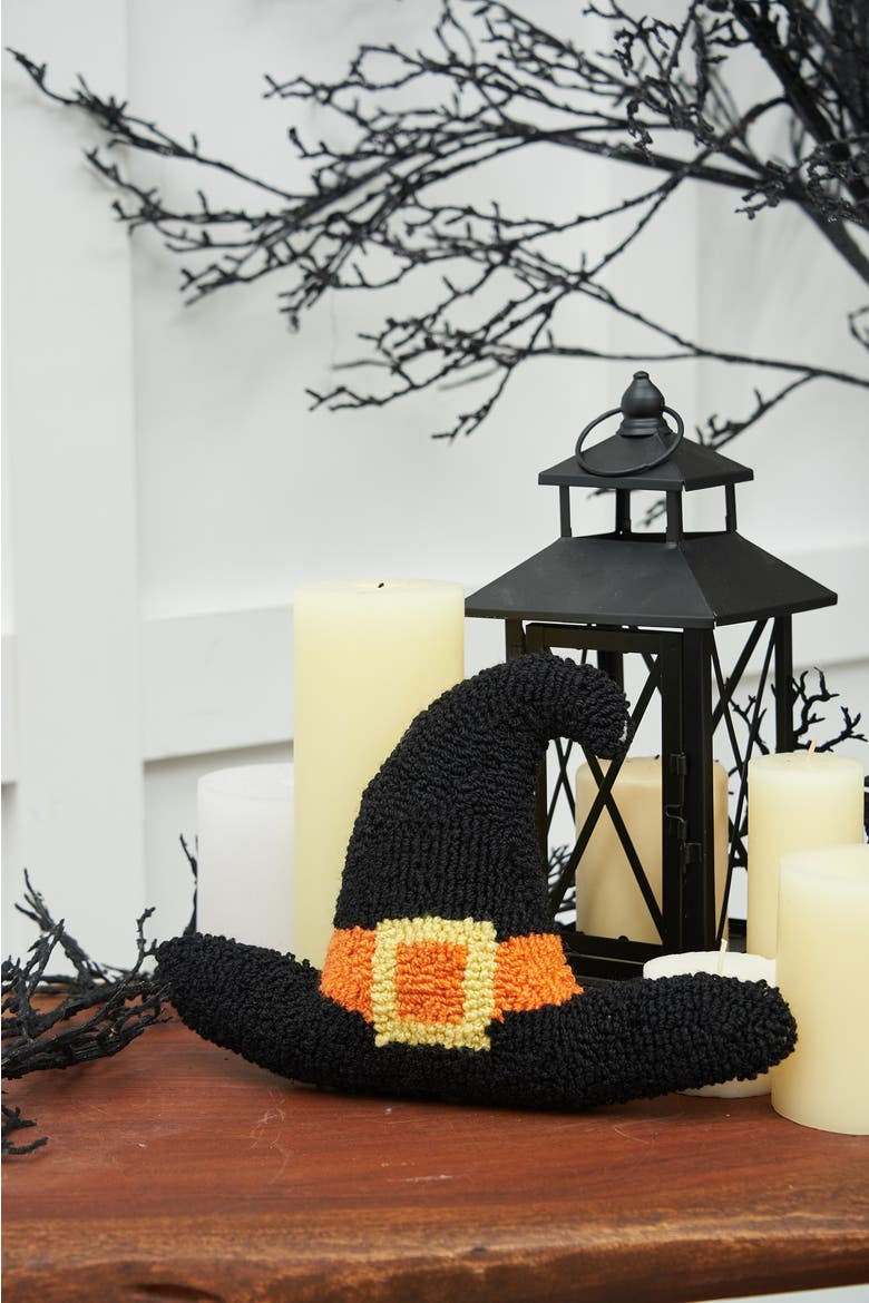 Witch Hat Shaped Halloween Hooked Accent Throw Pillow 8" x 12", Alternate, color, Black