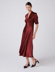 Ghost London Mia Satin V Neck Midi Tea Dress