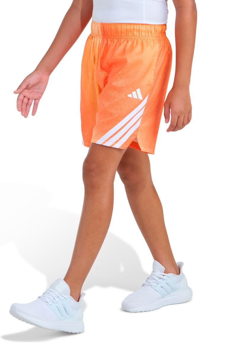 adidas Kids' 3-Stripes Spray Painted Stretch Twill Shorts, Alternate, color, Medium Orange