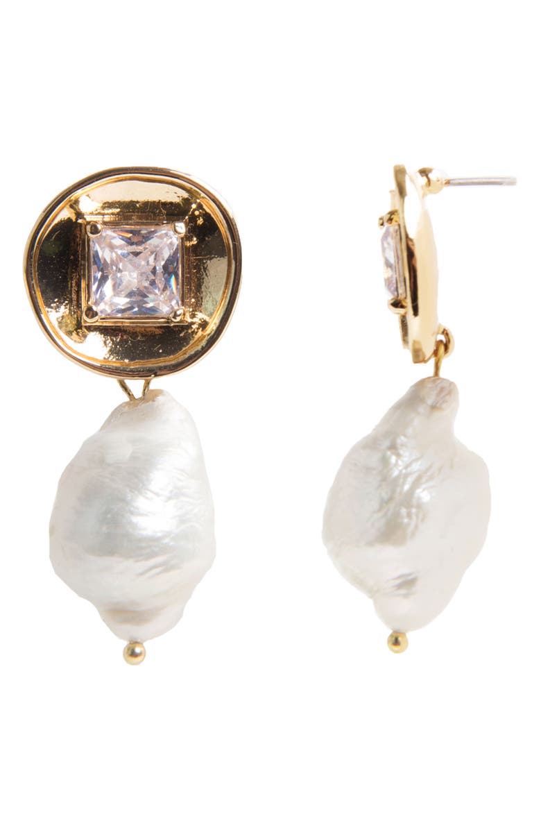 SAACHI Gemstone Baroque Pearl Drop Earring, Main, color, Gold
