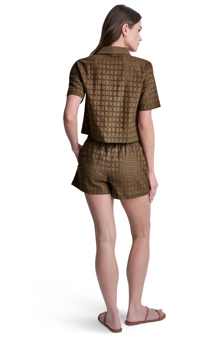 Short Sleeve Eyelet Johnny Collar Top, Alternate, color, MOCHA