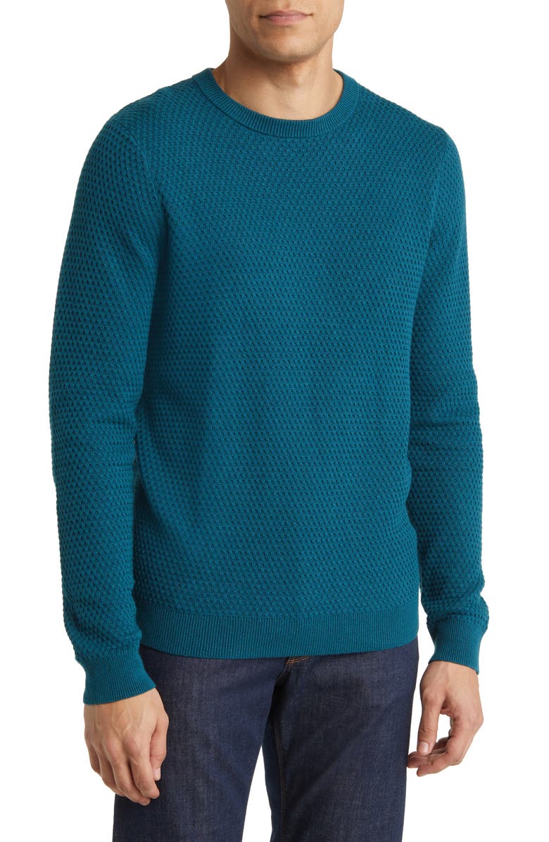 Nordstrom Popcorn Stitch Cotton Blend Crewneck Sweater, Main, color, Teal Tapestry