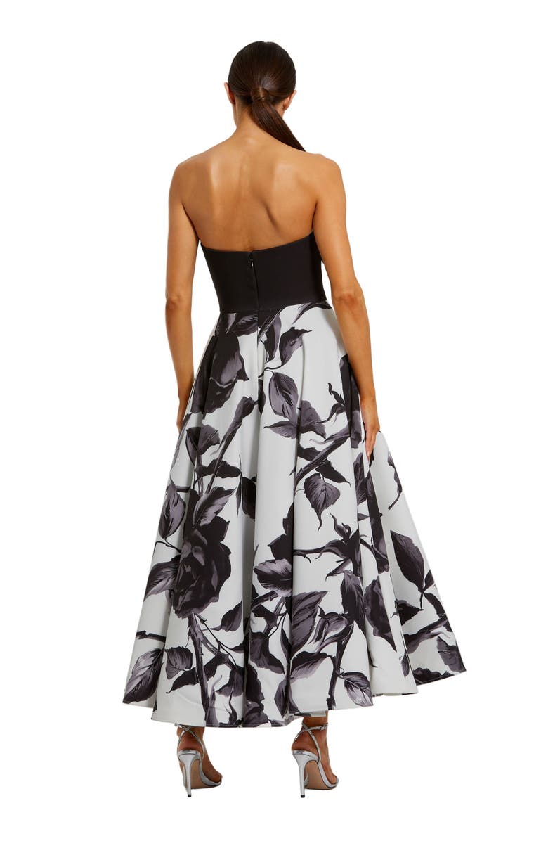 Mac Duggal Crepe Printed Strapless Midi Dress With Bow, Alternate, color, Black Multi