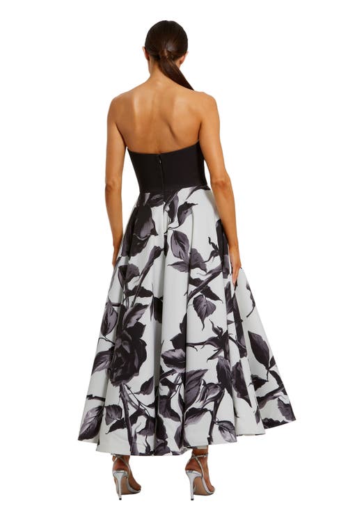 Mac Duggal Crepe Printed Strapless Midi Dress With Bow In Black