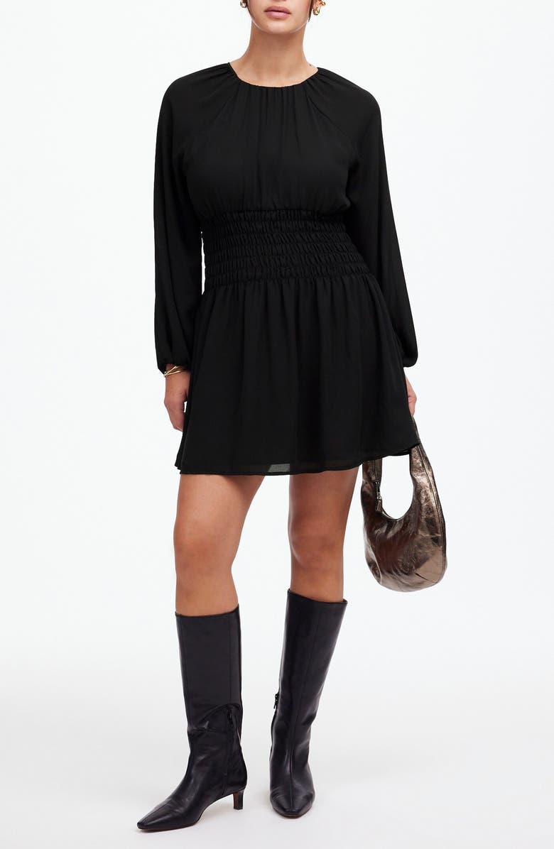 Madewell Smocked Bubble Sleeve Minidress, Main, color, True Black