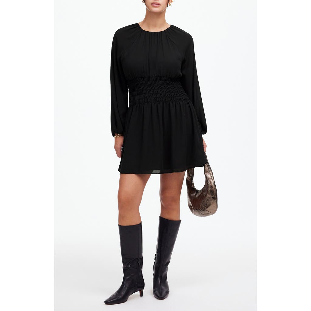 Madewell Smocked Bubble Sleeve Minidress In True Black