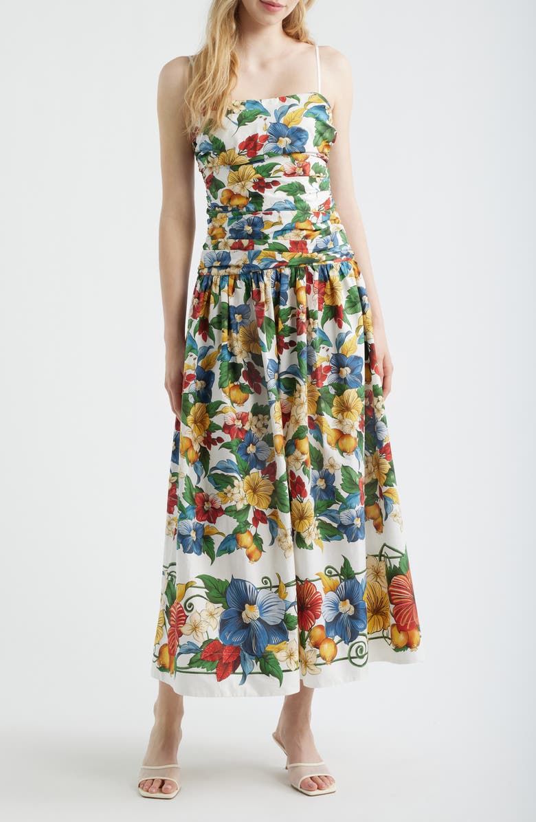 FARM Rio Tropi Ruched Maxi Sundress, Main, color, Tropi Off-White