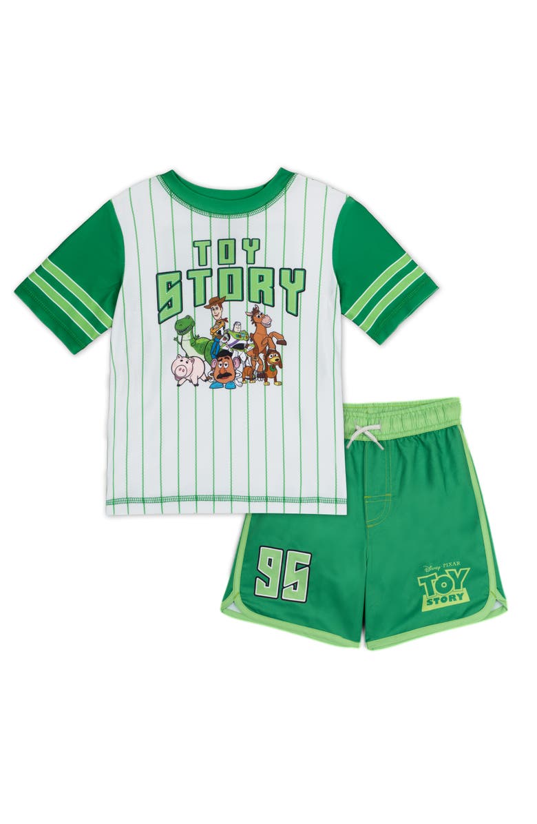 Disney Toy Story Swimwear 2-Piece Rash Guard and Swim Trunks Set, Main, color, Toy Story Grey Green