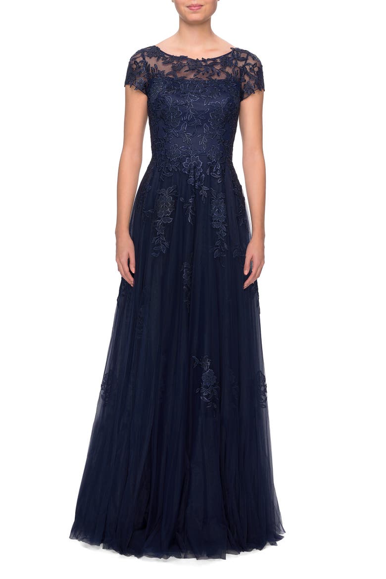 Beaded Lace Rhinestone A-line Evening Gown, Main, color, Navy