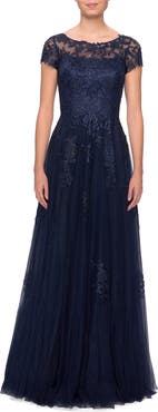 La Femme Beaded Lace Rhinestone A-line Evening Gown