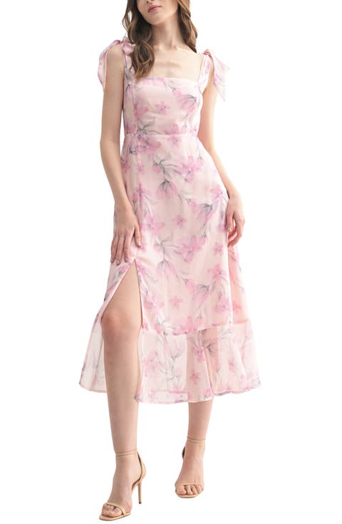 Tie Shoulder Front Slit Midi Dress