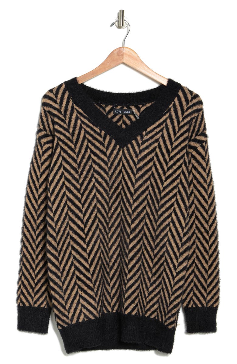 Love Token Danny V-Neck Sweater, Alternate, color, Black/Camel