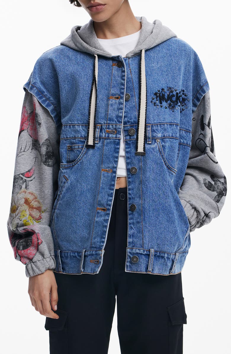 Desigual Mickey Mouse Hooded Denim Trucker Jacket, Main, color, Medium Blue