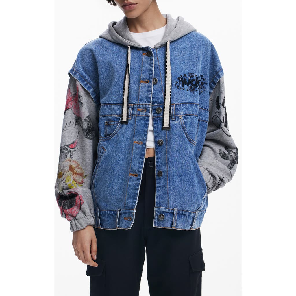 Shop Desigual Mickey Mouse Hooded Denim Trucker Jacket In Medium Blue
