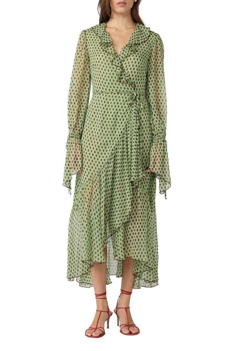 Thena Polka Dot Ruffle Trim Wrap Midi Dress, Main, color, JELLY POLKA DOT