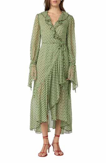 Thena Polka Dot Ruffle Trim Wrap Midi Dress