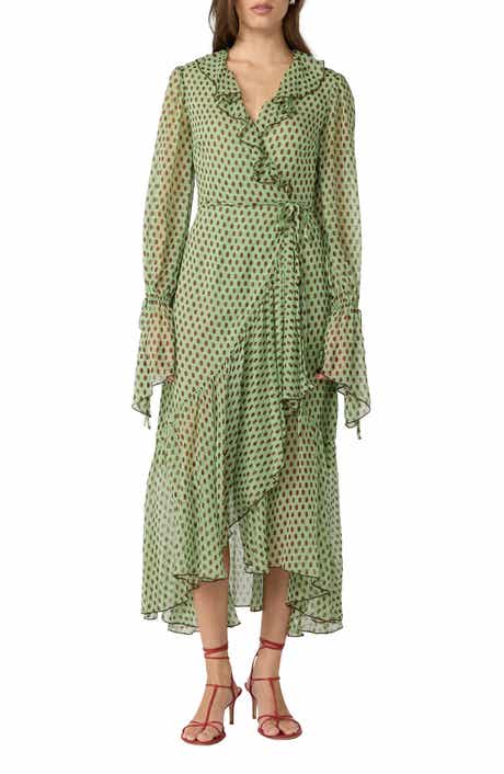 Thena Polka Dot Ruffle Trim Wrap Midi Dress