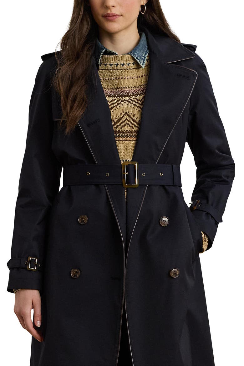 Double Breasted Belted Rain Coat, Alternate, color, NAVY