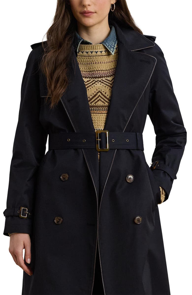 Lauren Ralph Lauren Double Breasted Belted Rain Coat, Alternate, color, Dark Navy