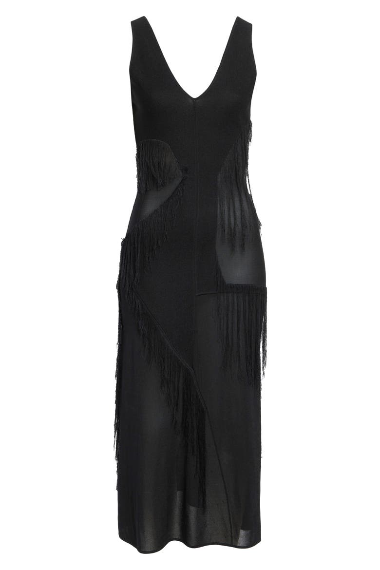 Sleeveless Fringe Knit V-Neck Midi Dress, Alternate, color, BLACK