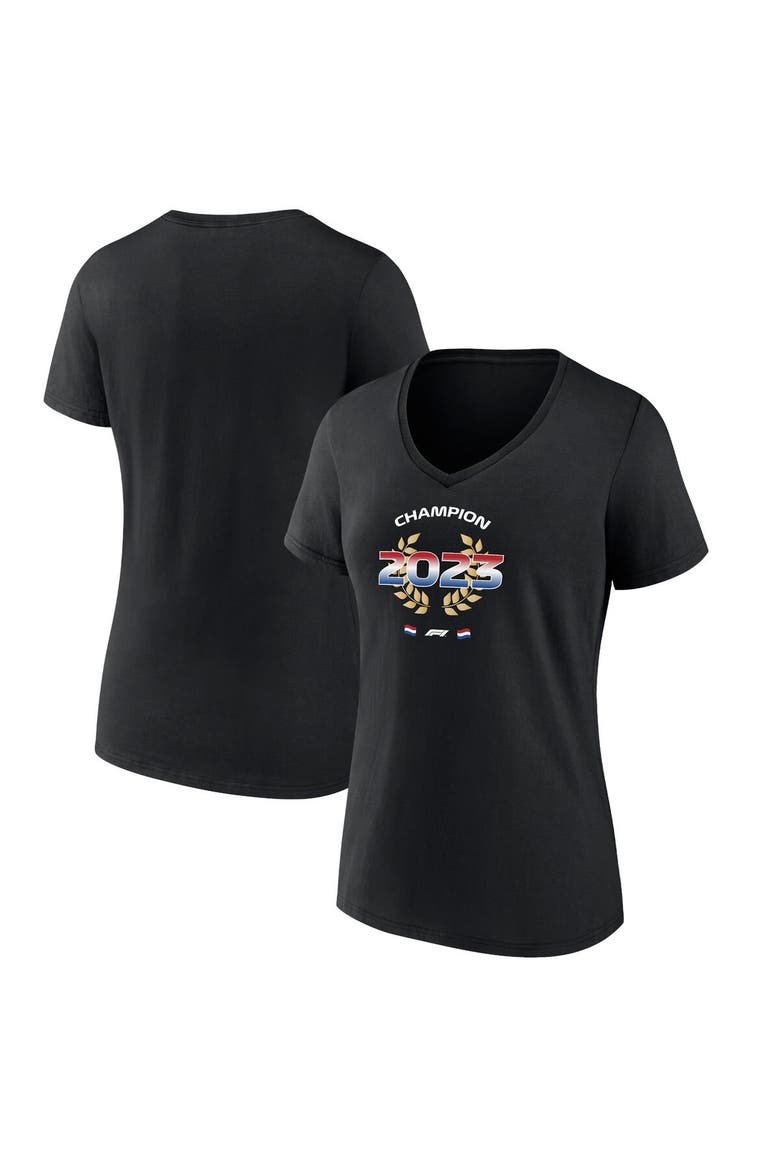 Women's Fanatics Branded Max Verstappen Black 2023 F1 World Drivers' Champion Flag V-Neck T-Shirt, Main, color, Black