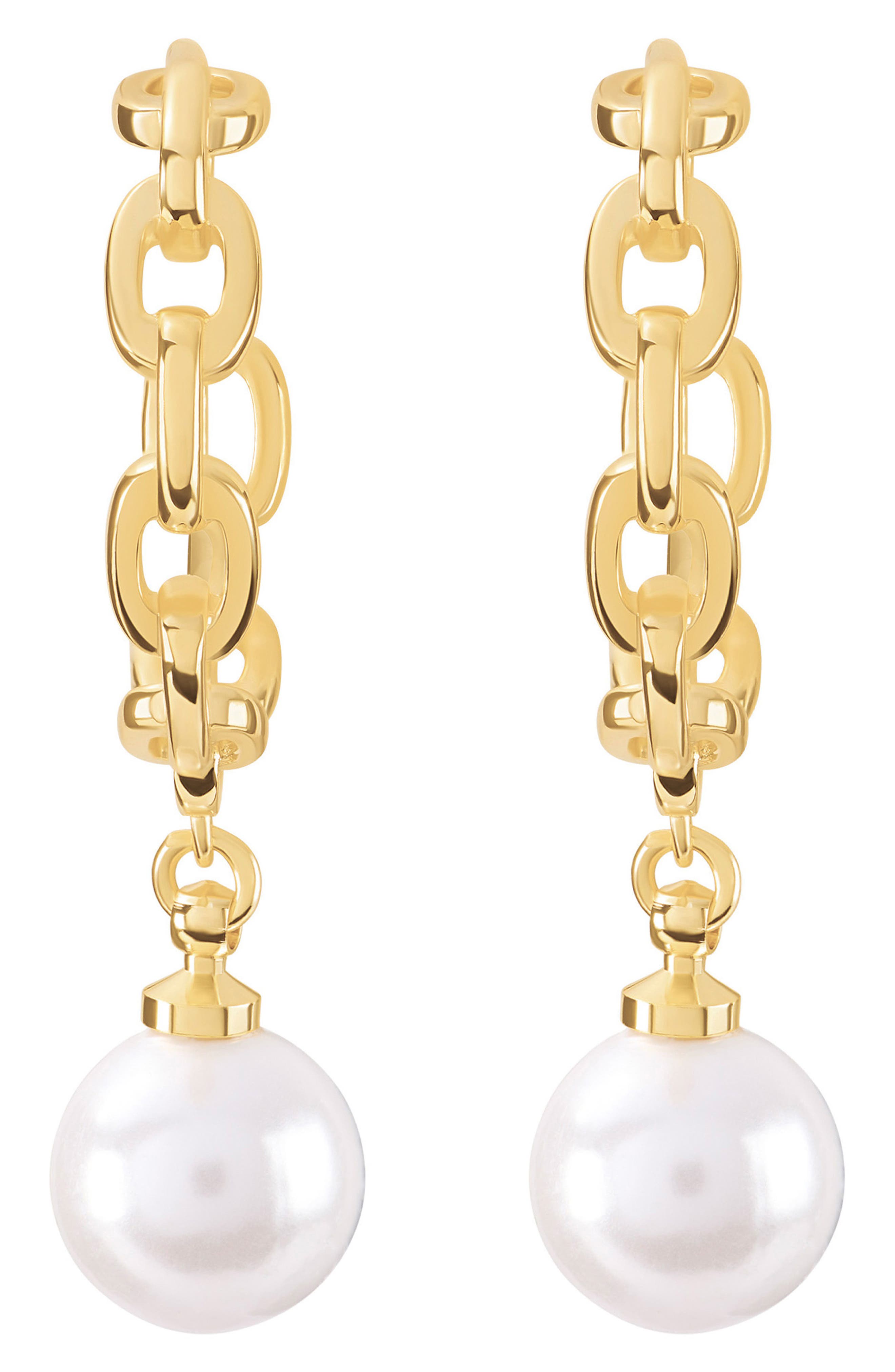 Simulated Pearl Chain Drop Hoop Earrings