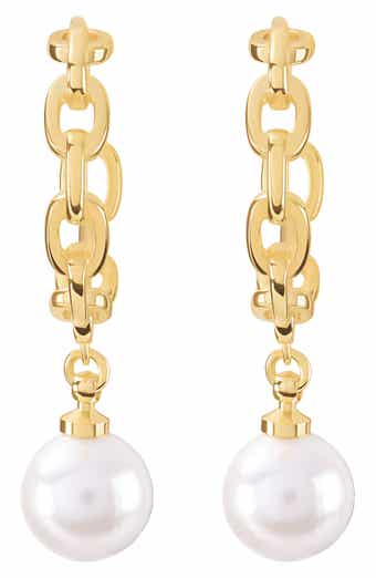 Simulated Pearl Chain Drop Hoop Earrings