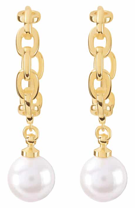 Simulated Pearl Chain Drop Hoop Earrings
