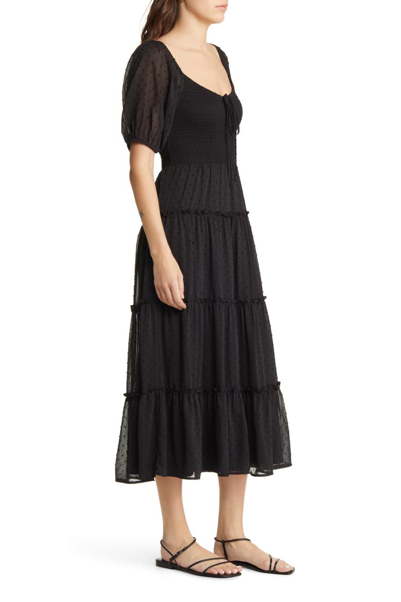 Tiered Smocked Midi Dress, Alternate, color, BLACK