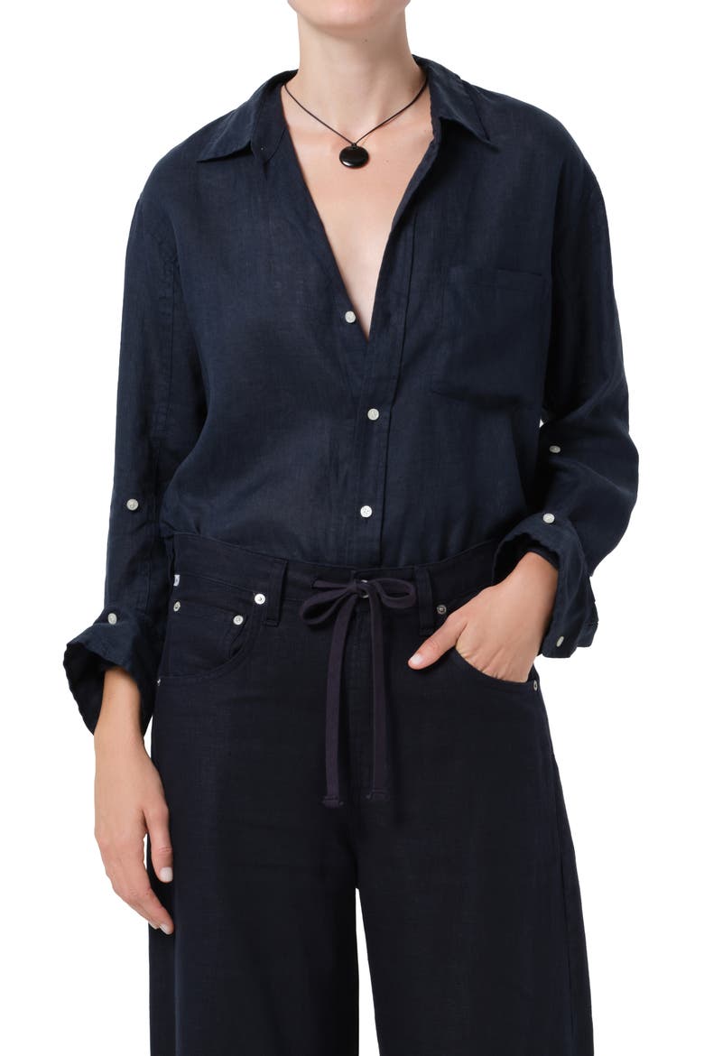Kayla Button-Up Linen Shirt, Main, color, TRUE NAVY