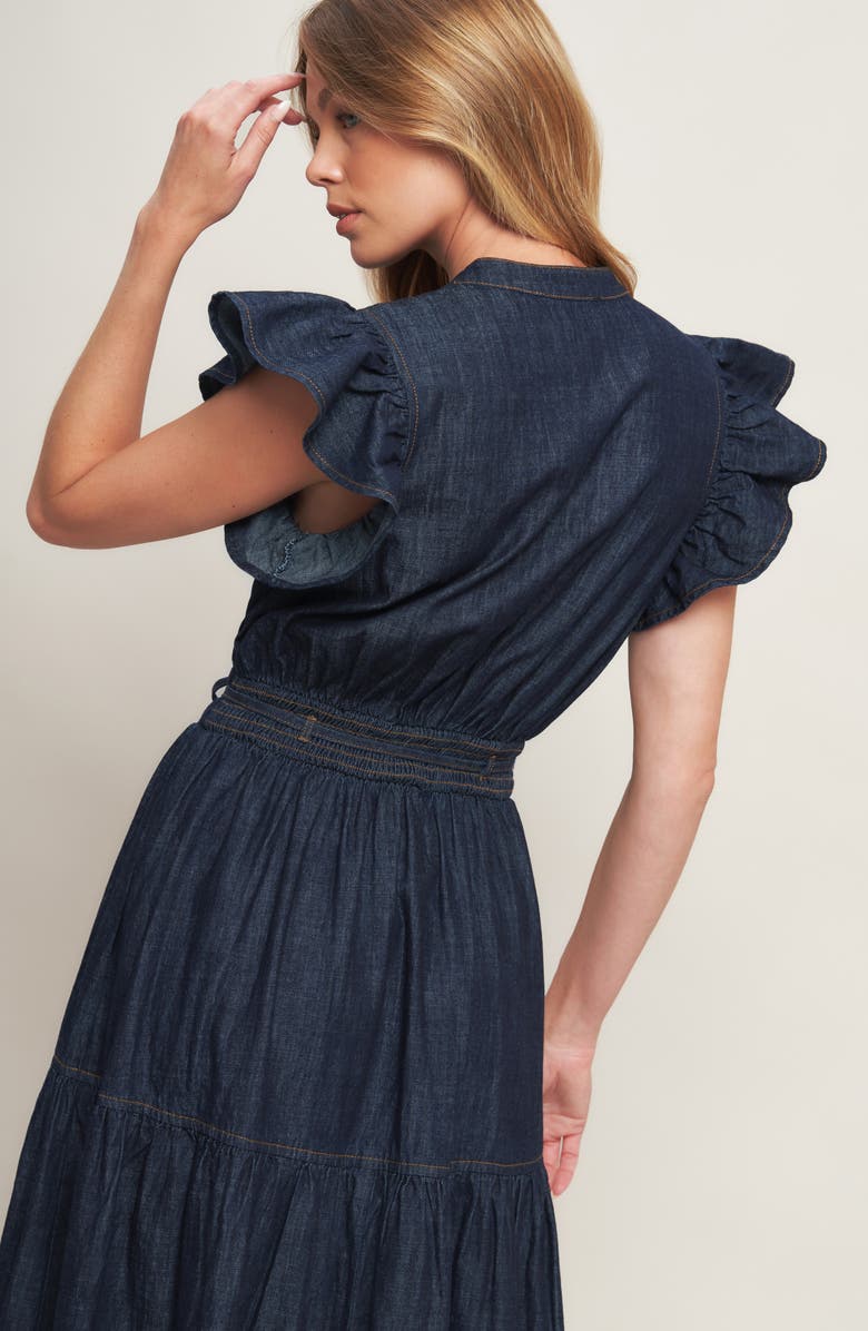 FLYING TOMATO Flutter Sleeve Denim Maxi Dress, Alternate, color, Dark Indigo