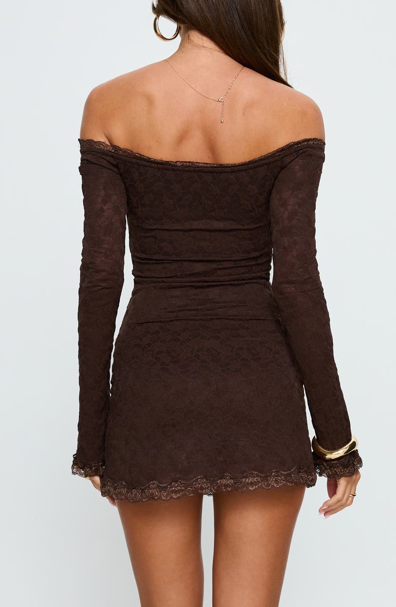 Princess Polly Avenues Off the Shoulder Long Sleeve Lace Minidress, Alternate, color, Chocolate