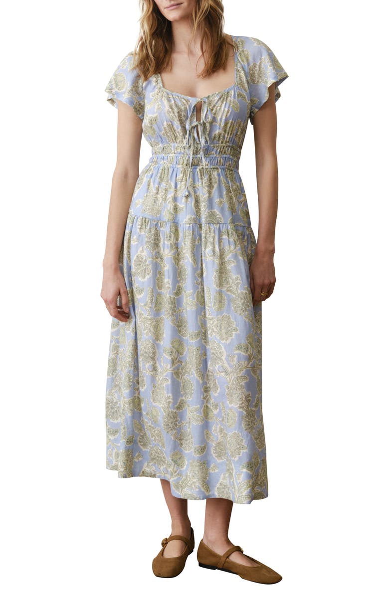 Marine Layer Skye Print Flutter Sleeve Midi Dress, Main, color, Blue Floral