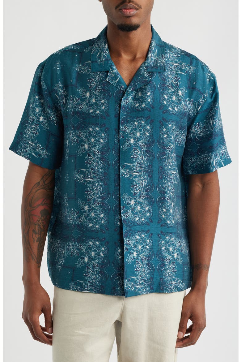 Floral Print Short Sleeve Button-Up Shirt, Main, color, TEAL FRAMED FLORAL