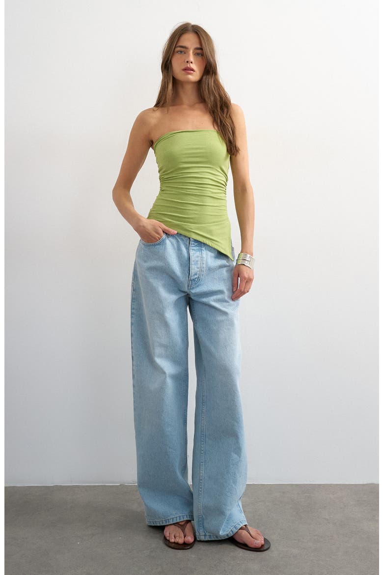 Strapless Ruched Asymmetric Hem Stretch Cotton Top, Alternate, color, MED GREEN