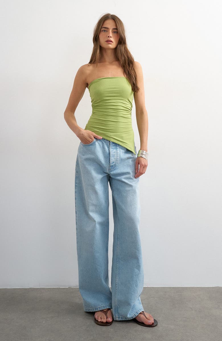 Topshop Strapless Ruched Asymmetric Hem Stretch Cotton Top, Alternate, color,