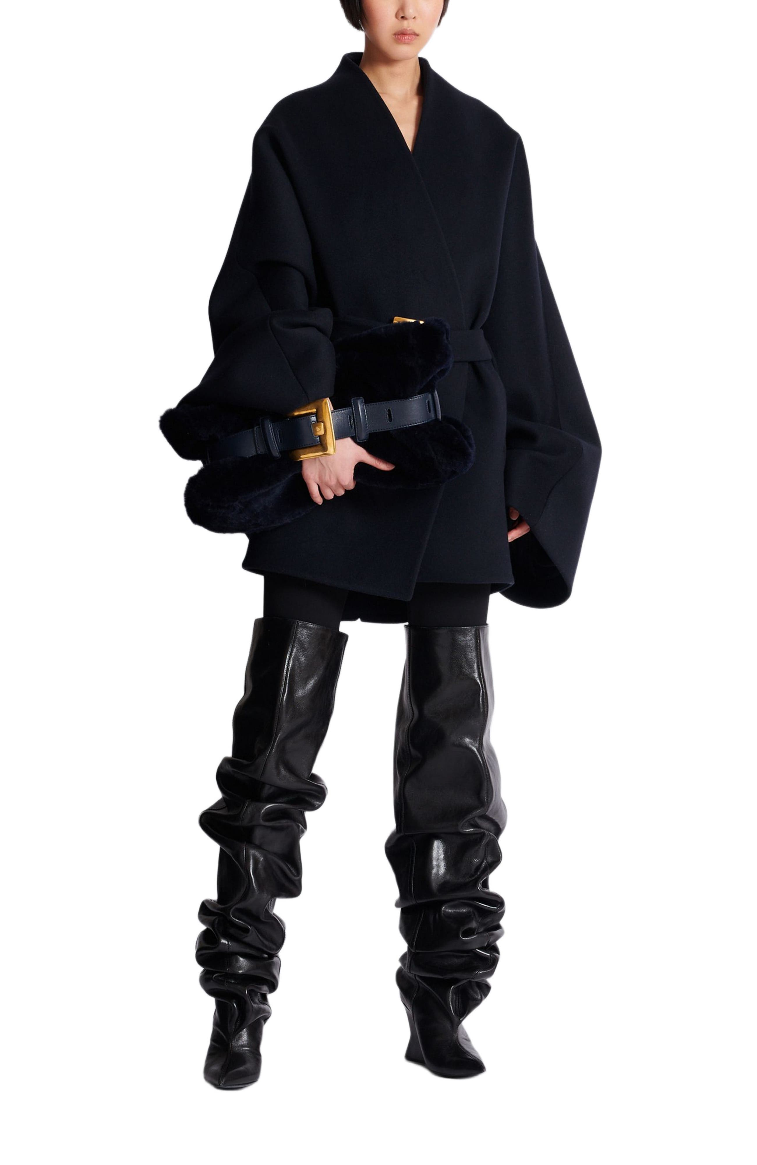 Balmain Medium Anthem Bag In Shearling, Alternate, color, Navy