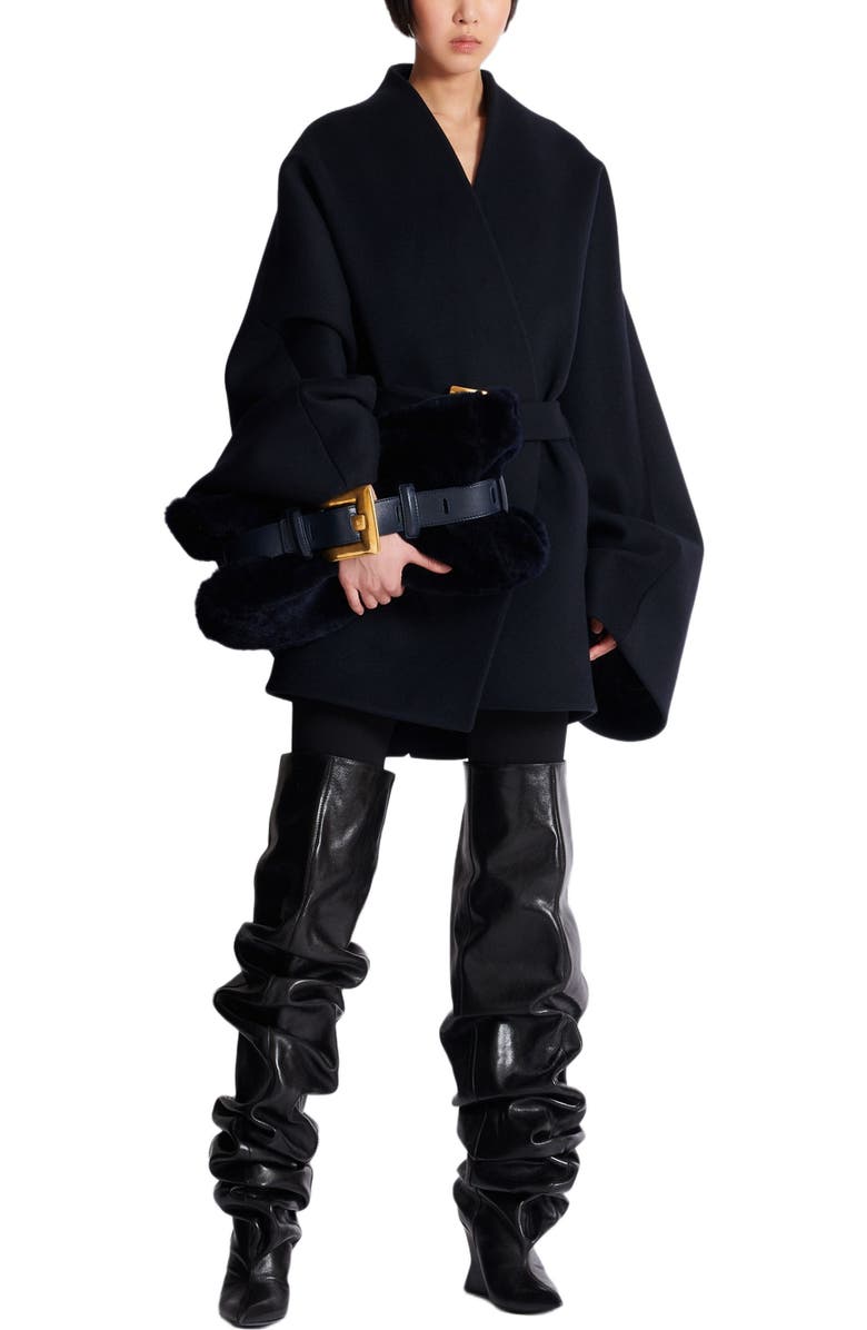 Balmain Medium Anthem Bag In Shearling, Alternate, color, Navy