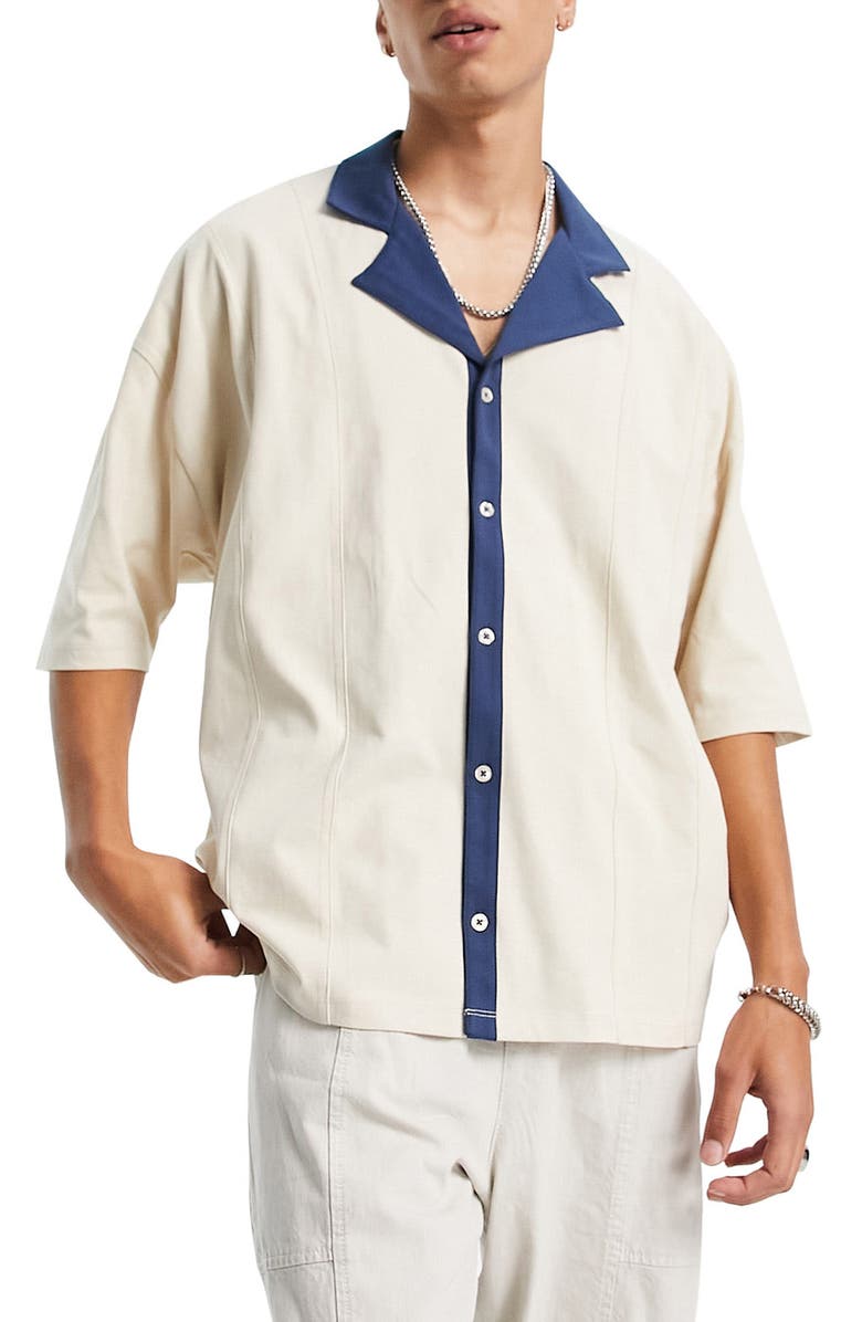 ASOS DESIGN Contrast Trim Relaxed Short Sleeve Button-Up Shirt, Main, color, 