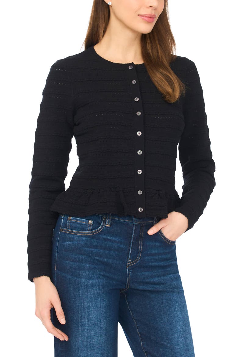 Ruffle Pointelle Cardigan, Main, color, RICH BLACK