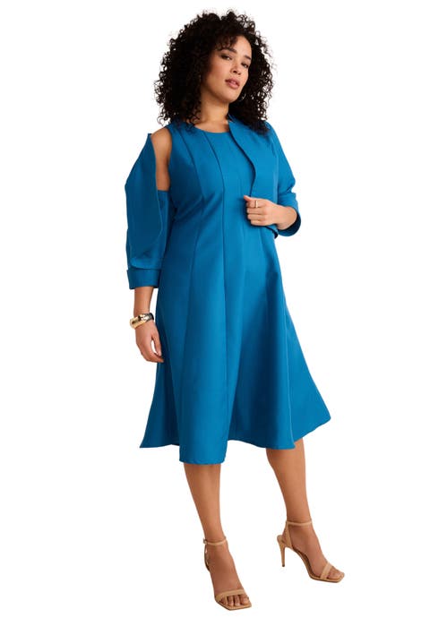 Extended Plus Size Elbow Sleeve Fit And Flare Dress With Bolero Jacket 2 Piece Suit