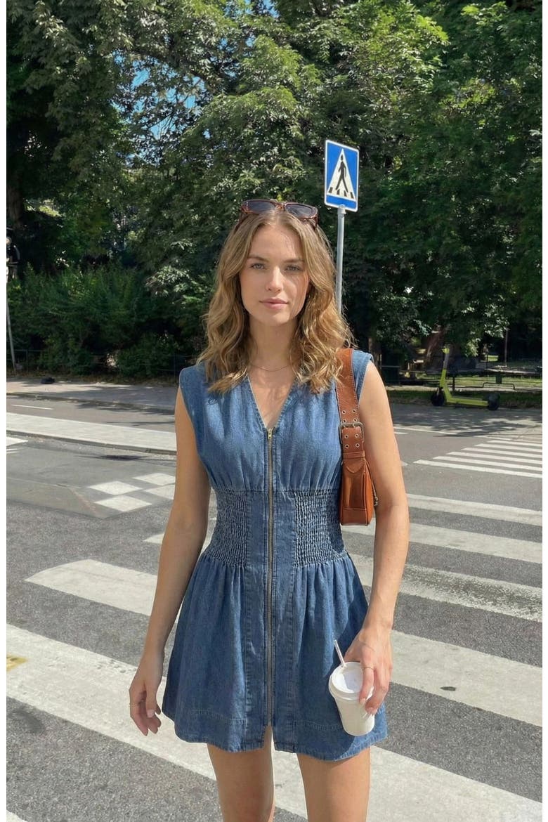Denim Cap Sleeve Smocked Mini Dress, Alternate, color, Medium Wash Blue