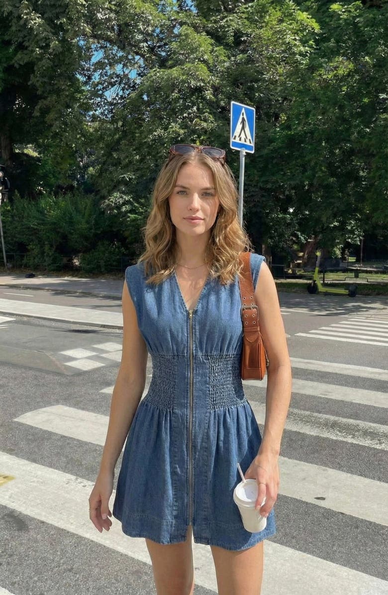 Modenaire Denim Cap Sleeve Smocked Mini Dress, Alternate, color, Medium Wash Blue