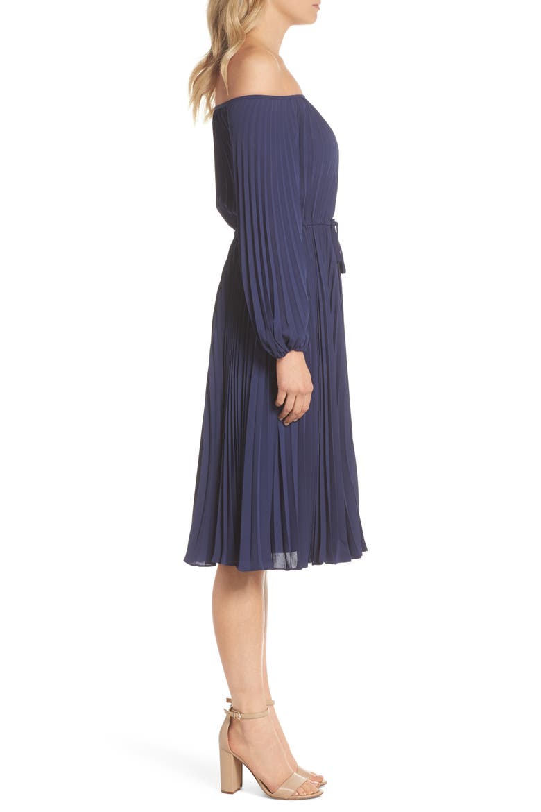 Elise Off the Shoulder Pleated Georgette Dress, Alternate, color, NAVY W/ SELF PIPING