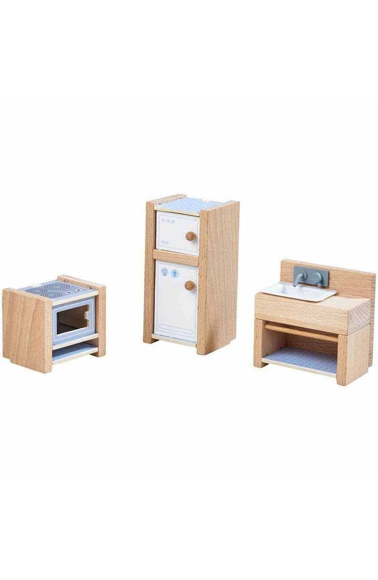 HABA Little Friends Kitchen Room Set - Wooden Dollhouse Furniture for 4" Bendy Dolls, Main, color, Multi