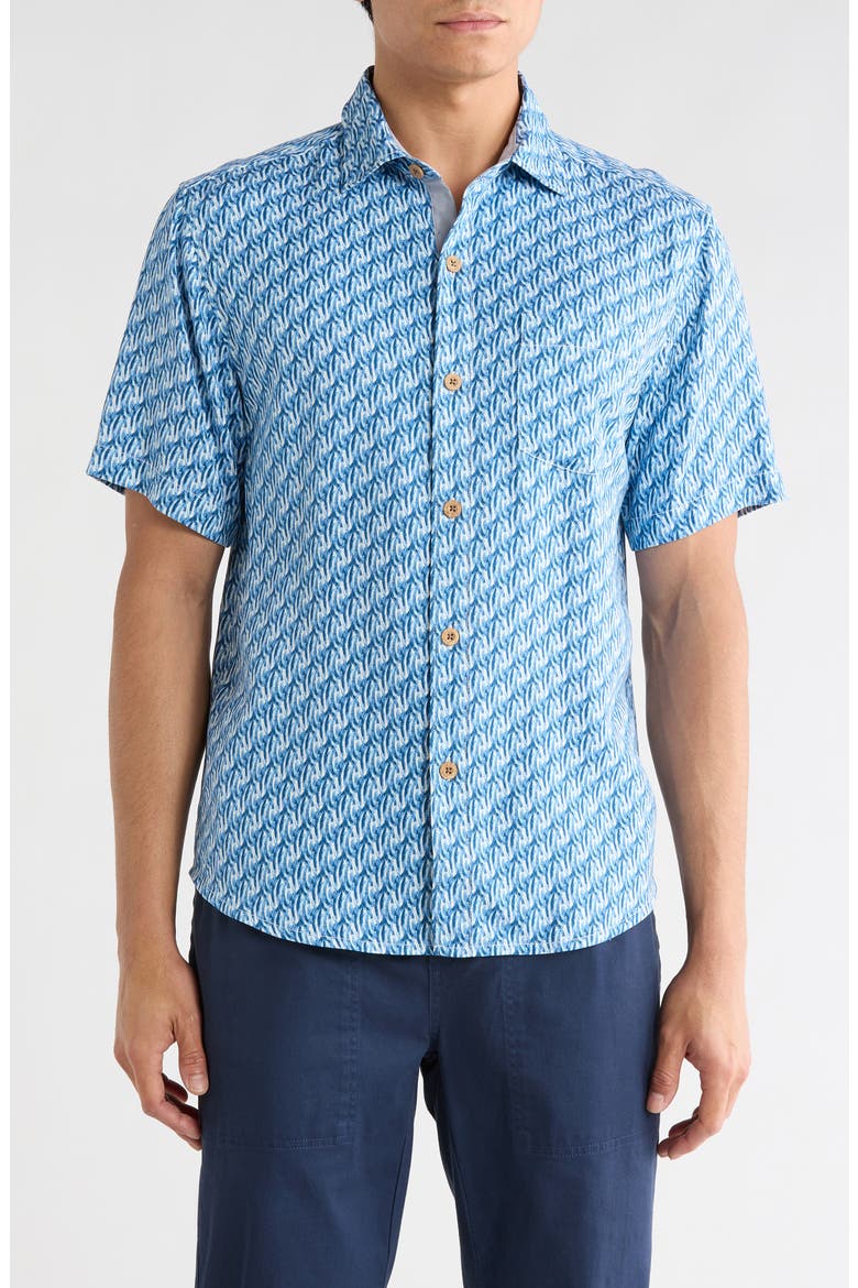 Geometric Twist Short Sleeve Silk Button-Up Shirt, Main, color, DEEP DEPTHS